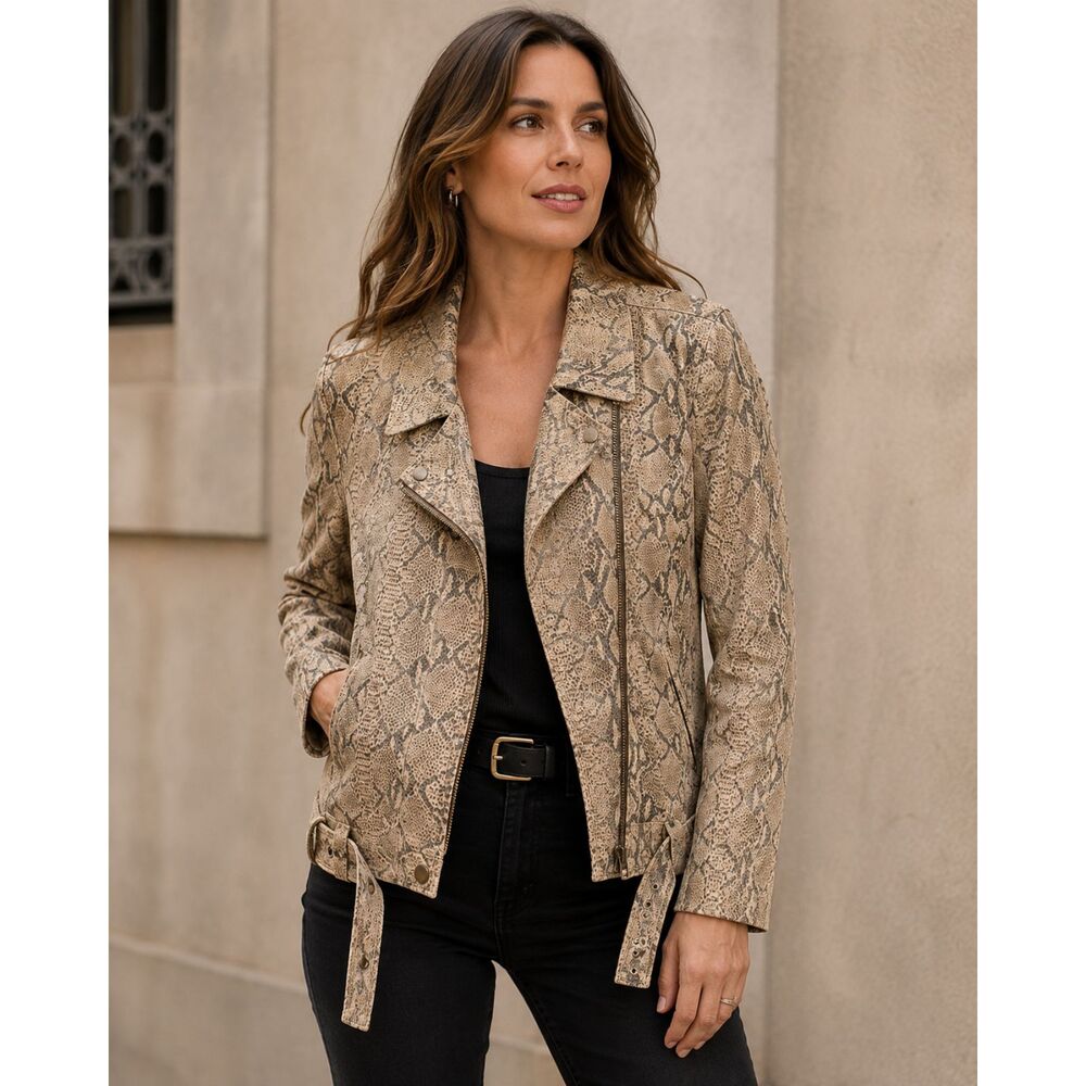Bradley By Bradley Bayou Women’s Snake Print Leather Moto Jacket - Size Large